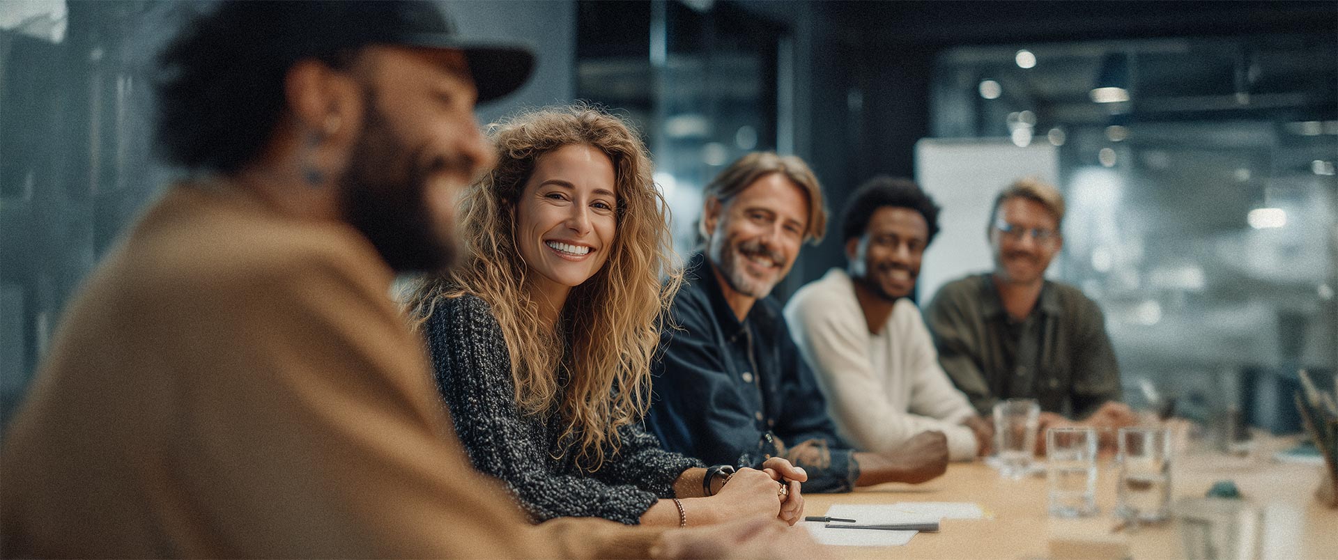 Team aus Mitarbeitenden in einem Meeting, symbolisch für Zusammenarbeit, Austausch und gemeinsame Strategien im HR Marketing und Recruiting.