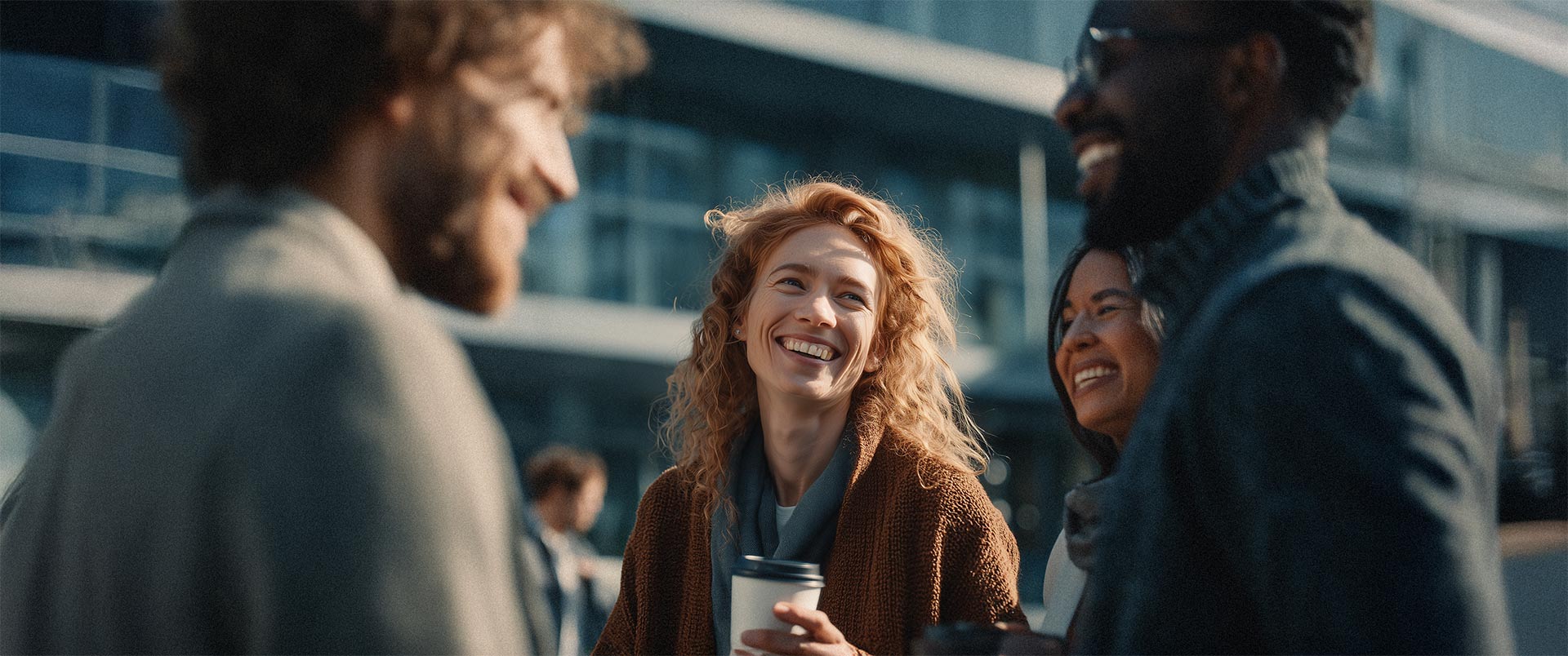 Gruppe von Mitarbeitenden im Gespräch im Freien, lachend und gelöst – Symbol für Austausch, Offenheit und Teamspirit im HR Marketing und Recruiting.