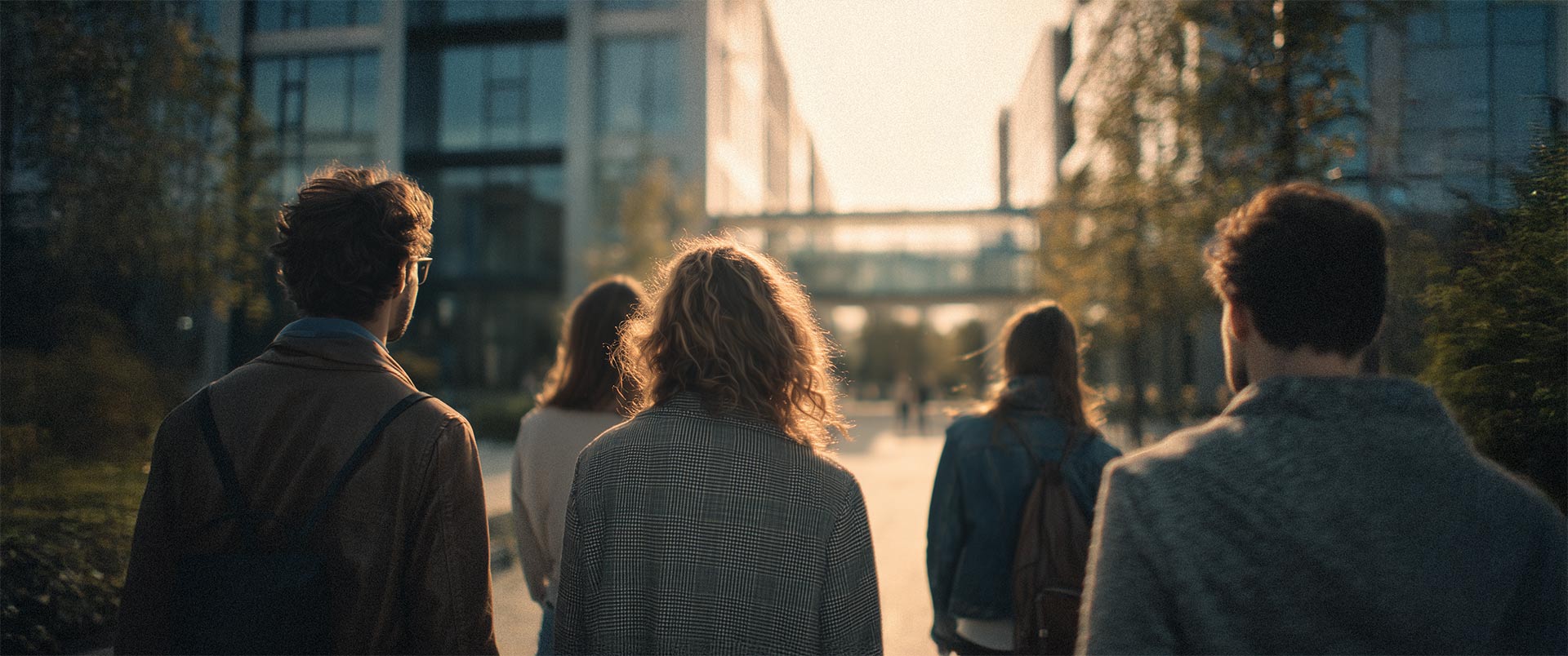 Team auf dem Weg ins Bürogebäude bei Sonnenlicht – Symbol für Aufbruch, Teamgeist und Zukunftsorientierung im HR Marketing und Recruiting.
