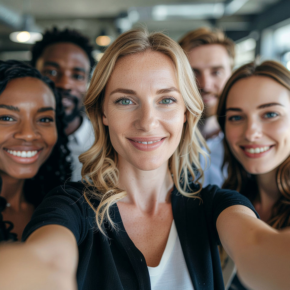 Gruppe von Kolleginnen und Kollegen macht ein Selfie im Büro – Symbol für Gemeinschaft, Offenheit und moderne Arbeitgeberkultur im HR Marketing.