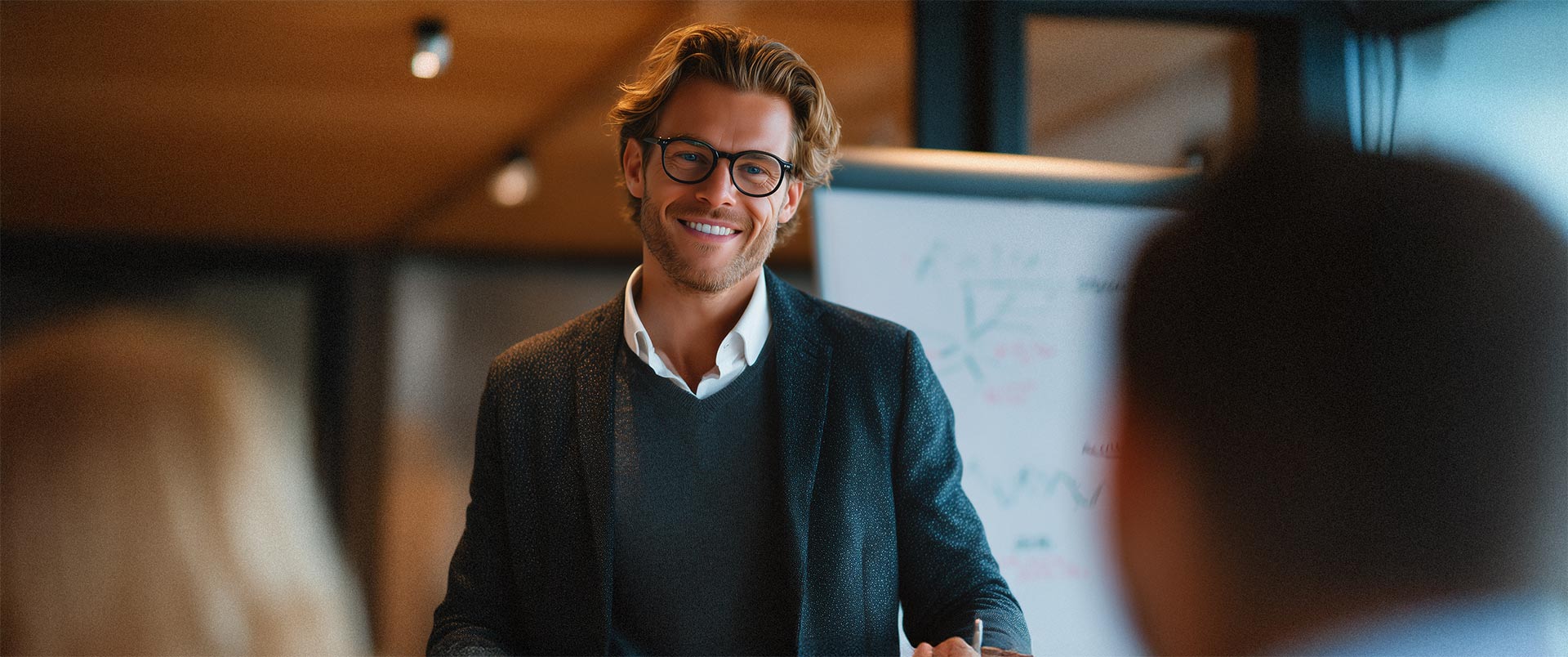 Führungskraft präsentiert vor Team im Meetingraum – Symbol für Leadership, Inspiration und strategische Kompetenz im HR Marketing und Recruiting.