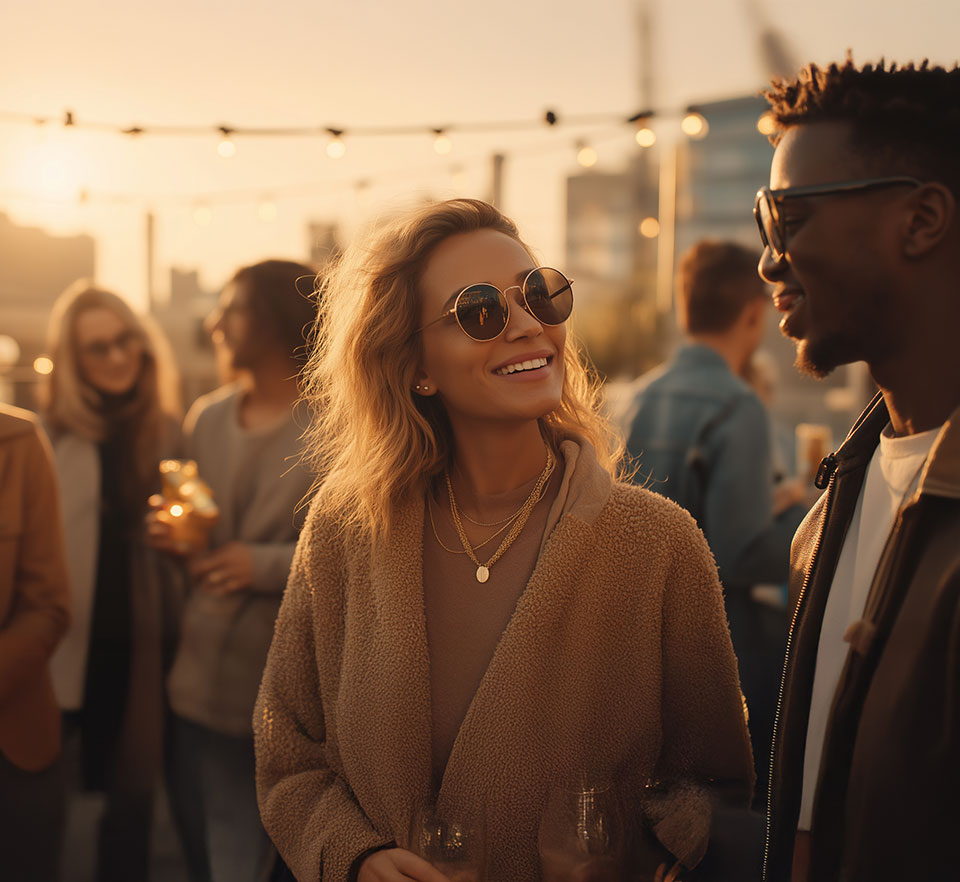 Menschen im Gespräch auf einem Event – Symbol für Networking und Active Sourcing im Recruiting und HR Marketing.