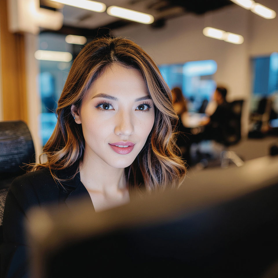 Business-Person im Büro blickt freundlich in die Kamera – Sinnbild für Vertrauen, Diskretion und Professionalität im Recruiting.