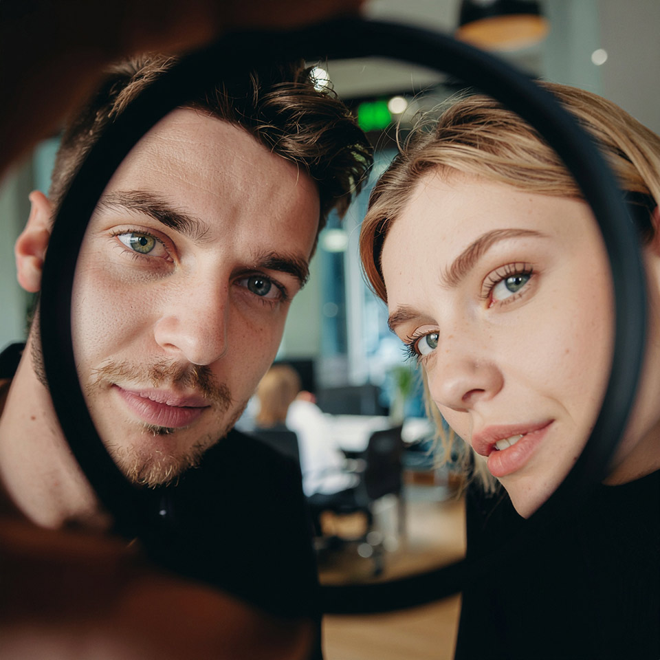 Zwei Kreative blicken durch eine Kamera-Linse – Symbol für Bildproduktion und Markeninszenierung im HR Marketing.