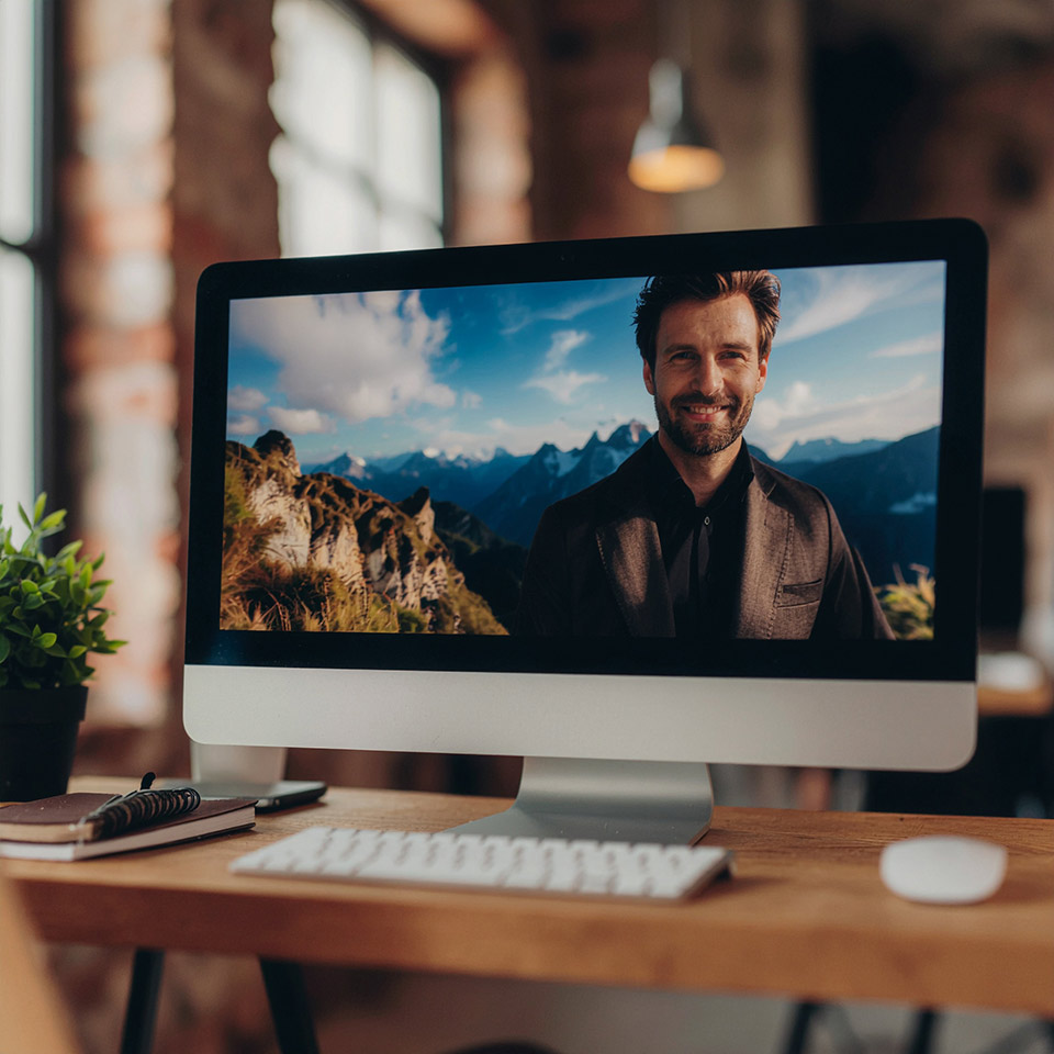 Monitor mit Person im Gespräch vor Berglandschaft – Sinnbild für digitale Karriereseiten und Recruiting-Kommunikation.