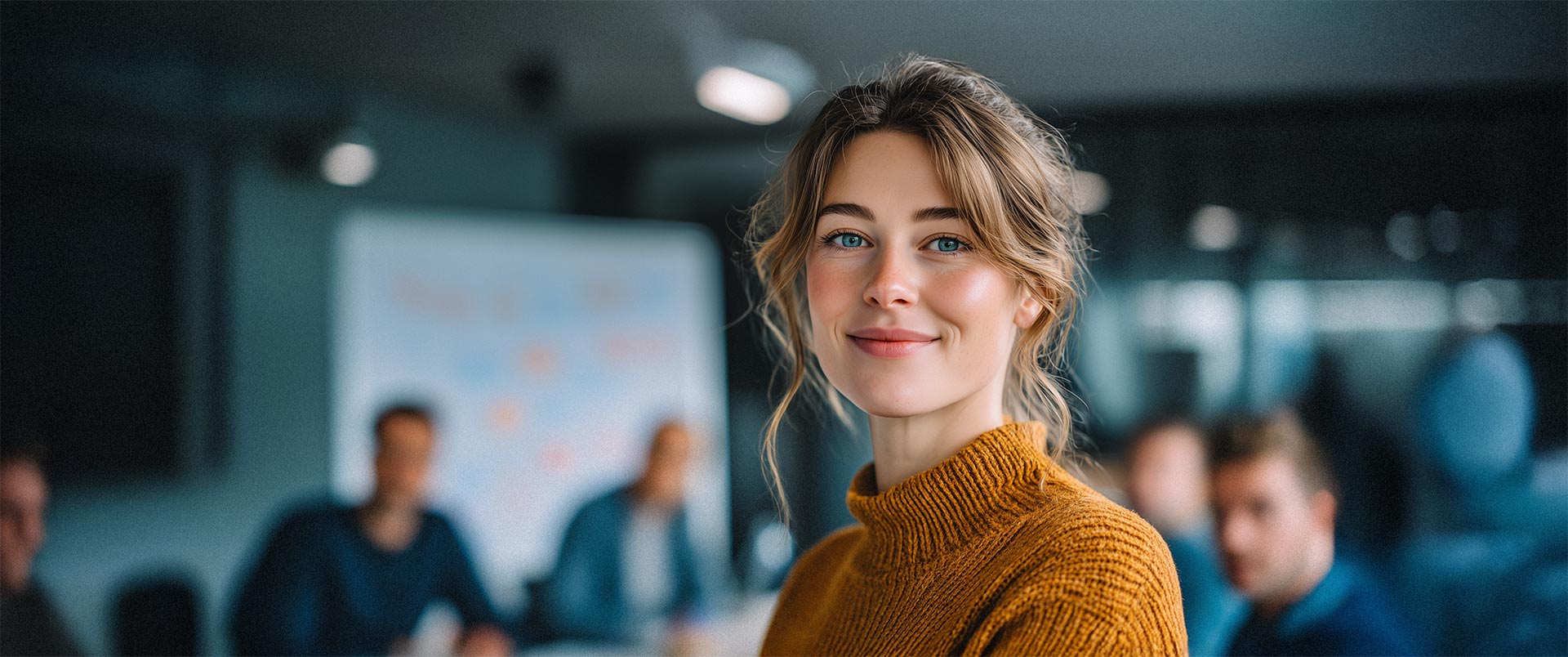 Junge Frau blickt selbstbewusst in die Kamera, während im Hintergrund ein Team im Meeting zusammenarbeitet – Sinnbild für Entwicklung, Zusammenarbeit und Employer Branding im HR Marketing und Recruiting.