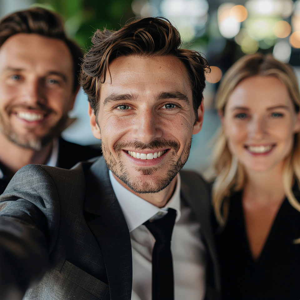 Team aus drei Personen in Businesskleidung lächelt in die Kamera – Symbol für interne Kommunikation, Teamspirit und moderne Intranet-Lösungen im HR Marketing und Recruiting.