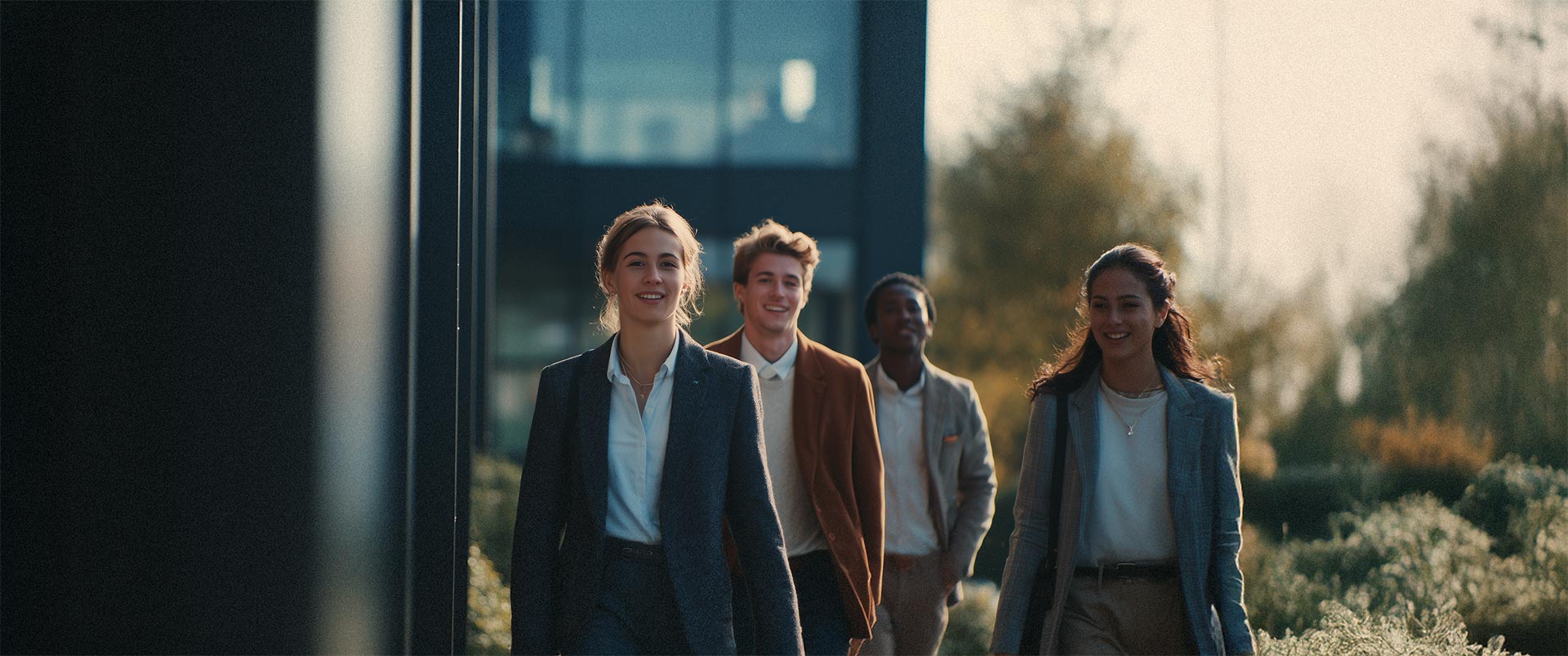 Gruppe von Mitarbeitenden im Sonnenlicht auf dem Firmencampus – Symbol für Zusammenhalt, Gemeinschaft und Zukunftsorientierung im HR Marketing.