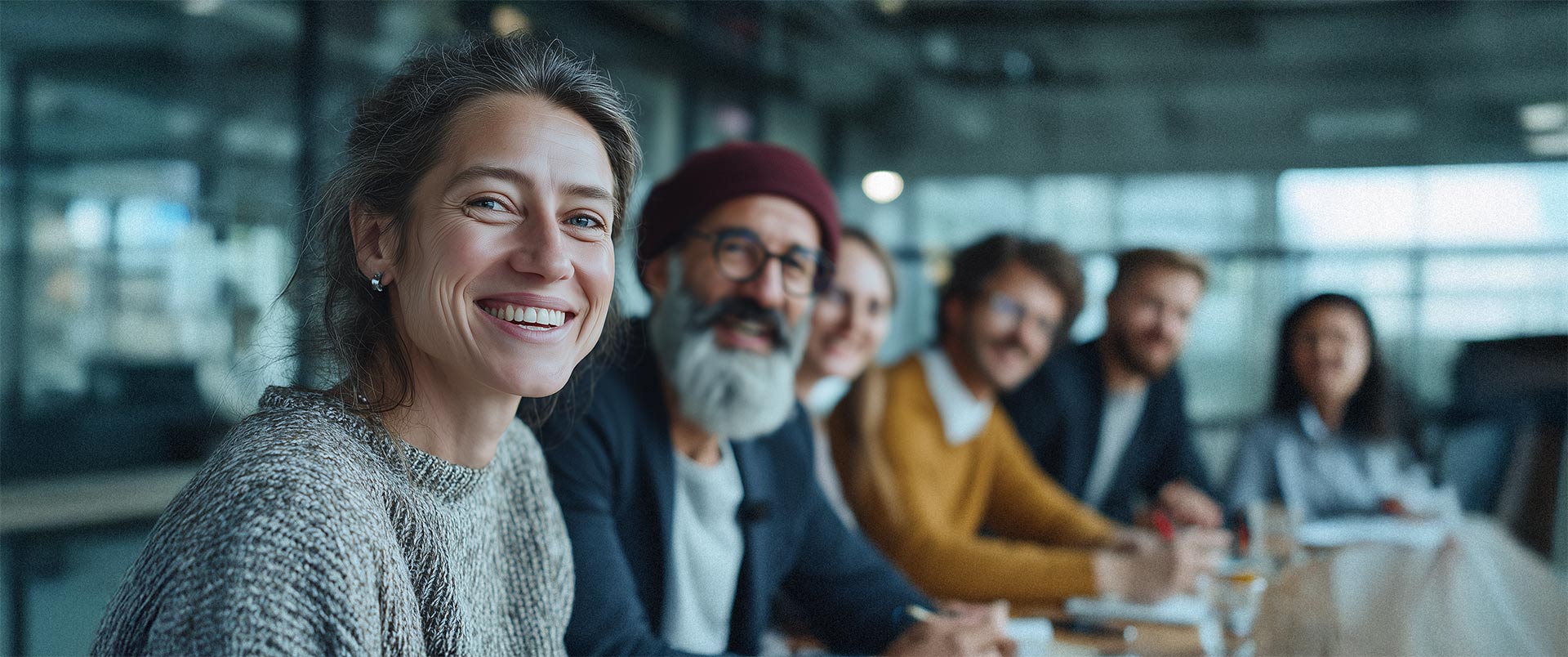 Teammeeting mit mehreren Personen in einem modernen Büro, Fokus auf eine lachende Frau im Vordergrund – steht für Vertrauen, Zusammenarbeit und Leadership.